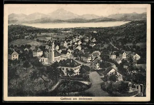Künstler-AK Gattnau am Bodensee, Strassenpartie mit Kirche