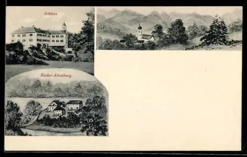 Künstler-AK Weyarn, Ortspartie, Schloss Nieder-Altenburg, Kirche