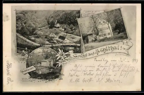 AK Mühlthal, Gasthaus Guggemos, Badehäuser, Ortspartie