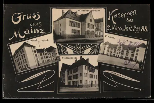 AK Mainz, Kasernen des 2. Nass. Infanterie-Regiments 88, Wirschaftsgebäude, Stabsgebäude, 2. u. 1. Kompagnie
