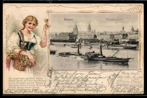 Lithographie Mainz, Weinkönigin und Totalansicht in Passepartout