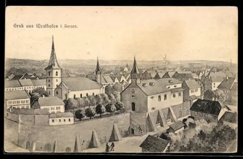 Künstler-AK Westhofen i. Hessen, Strassenpartie mit Kirche