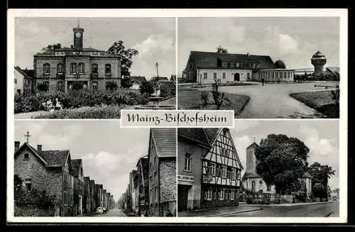 AK Mainz-Bischofsheim, Wasserturm, Rathaus und Kindergarten