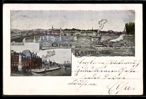 Künstler-AK Kastel a. Rhein, Teilansicht mit Brücke, Bahnhof