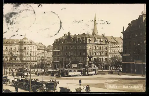 AK Mainz, Bahnhofplatz mit Strassenbahn