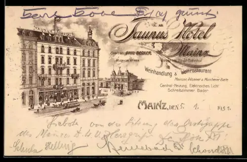 Lithographie Mainz, Taunus Hotel, Bahnhof