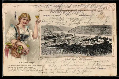 Passepartout-Lithographie Bingen am Rhein, Totalansicht, Frau trinkt Wein