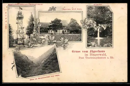 AK Trechtingshausen a. Rh., Jägerhaus im Bingerwald, Ernst-Ludwig-Turm, Wasserfall