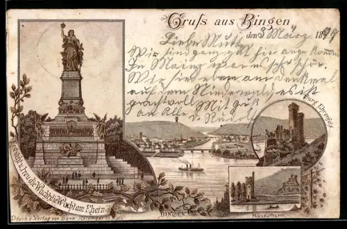 Lithographie Bingen / Rhein, National-Denkmal, Mäuseturm, Ortsansicht mit Brücken aus der Vogelschau