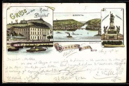 Lithographie Bingen, Hotel Distel, Niederwalddenkmal, Ortsansicht