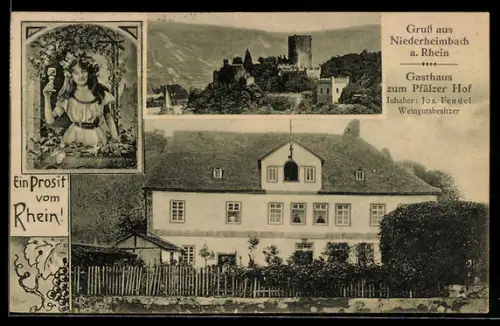 AK Niederheimbach a. Rhein, Gasthaus zum Pfälzer Hof, Burg, Frau mit Weinglas