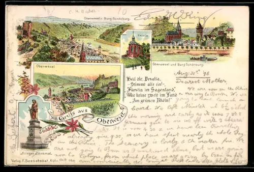 Lithographie Oberwesel, Teilansicht von Burg Schönburg, Kapelle, Krieger-Denkmal