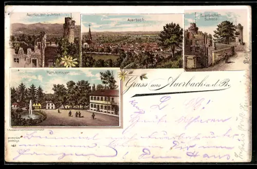 Lithographie Auerbach, Auerbacher Schloss, Fürstenlager, Ortsansicht