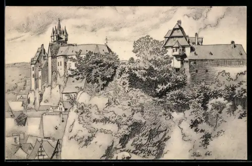 Künstler-AK Alt Diez, Blick zum Schloss