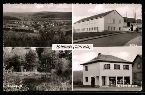 AK Hörbach, Schule, Totalansicht, Fischweiher, Kaufhaus Schauss