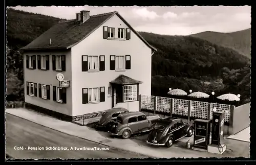 AK Altweilnau /Taunus, Cafe-Pension Schönblick mit Zapfsäule