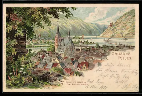 Lithographie Bingen, Blick über die Dächer zum Rhein