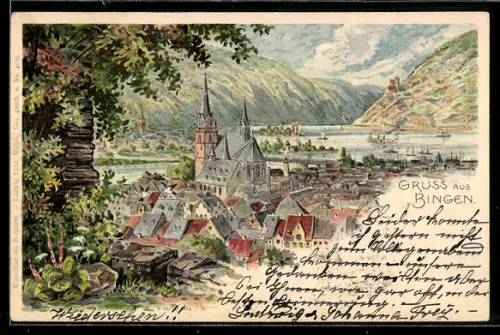 Lithographie Bingen, Blick über die Dächer zum Rhein