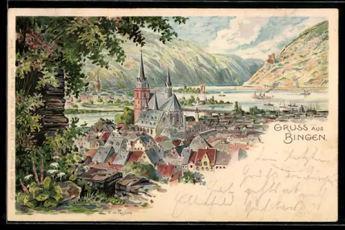 Lithographie Bingen, Blick über die Dächer zum Rhein