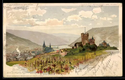 Künstler-AK P.Schmohl: Bingen, Ortsansicht mit Schloss Klopp