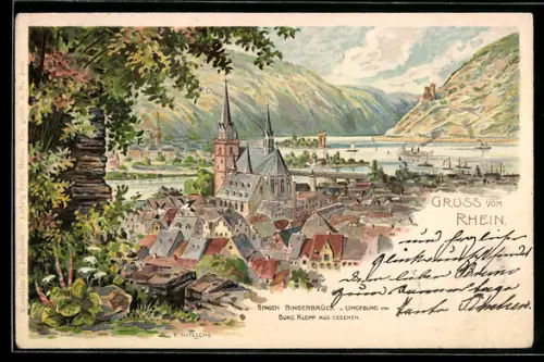 Lithographie Bingen, Blick über die Dächer zum Rhein