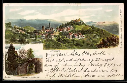 Lithographie Lindenfels i. O., Teilansicht mit Burg, Burgeingang