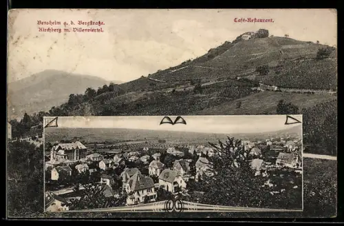 AK Bensheim a. d. Bergstrasse, Kirchberg mit Villenviertel und Cafe-Restaurant