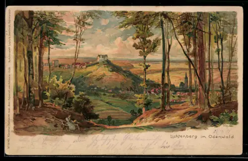 Lithographie Lichtenberg im Odenwald, Blick auf Burg und Ort