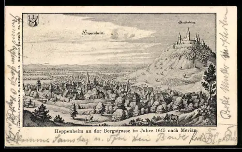 Lithographie Heppenheim an der Bergstrasse, Teilansicht mit Starkenburg 1645 nach Merian