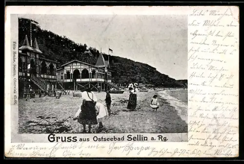 AK Sellin a. Rg., Ostseebad, Strand mit Cafe Strandhalle