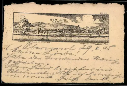 Lithographie Ober-Wesel, Teilansicht mit Schönberg nach Merian 1640