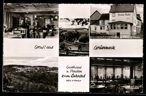 AK Gräveneck, Totalansicht, Gasthaus Zum Lahntal v. Hermann Pauly, Innen- und Aussenansichten