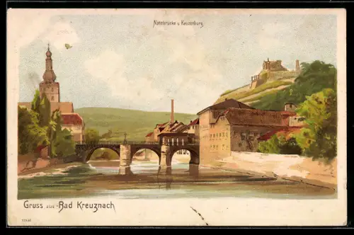 Lithographie Bad Kreuznach, Nahebrücke und Kauzenburg