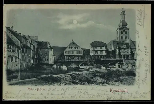 Mondschein-AK Kreuznach, Nahe-Brücke mit Kirche