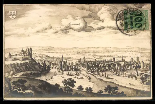 Künstler-AK Bad Kreuznach, Teilansicht mit Kirche nach Merian 1645