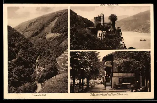 AK Bingen, Morgenbachtal-Partie, Schweizerhaus und Burg Rheinfels