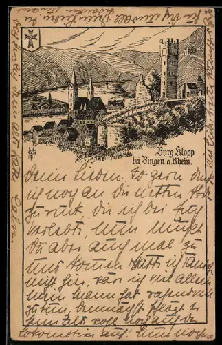 Lithographie Bingen a. Rhein, Burg Klopp
