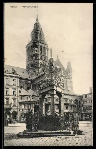 AK Mainz, Blick zum Marktbrunnen und Dom