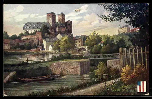 Künstler-AK Burg an der Lahn, Burg Runkel, Brücke