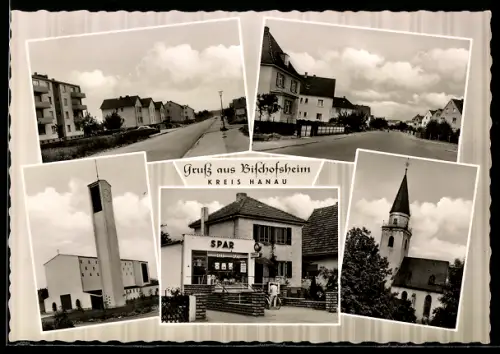 AK Bischofsheim /Hanau, Spar-Geschäft Dina Lapp, Kirche, Wohnhäuser, Strassenansicht