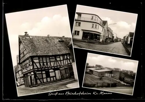 AK Bischofsheim /Hanau, Fachwerkhaus, Strassenansicht, Industriegebäude
