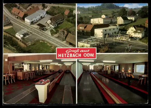 AK Hetzbach /Odw., Gasthaus Zur Krone, Inh. A. u. D. Söchtig, Kegelbahnen, Ortsansichten