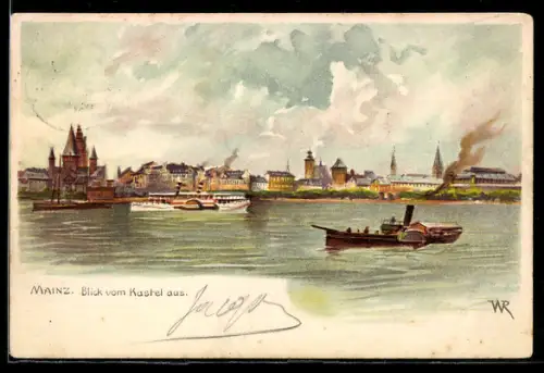 Lithographie Mainz, Blick vom Kastel aus