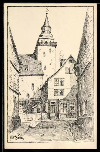 Künstler-AK Haiger, Hauptstrasse, Kirche