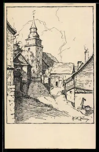 Künstler-AK Haiger, Blick zur Kirche