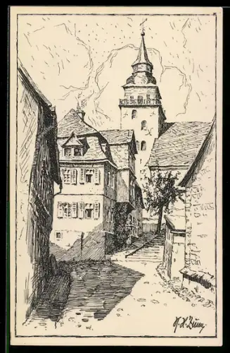 Künstler-AK Haiger, Kirchtreppe, Südansicht