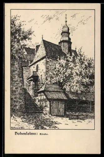 Künstler-AK Hohensolms, Blick zur Kirche