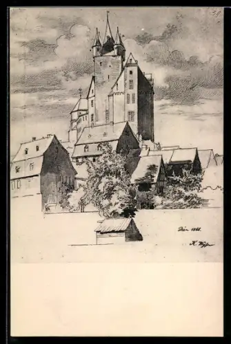 Künstler-AK Diez, Blick zum Schloss