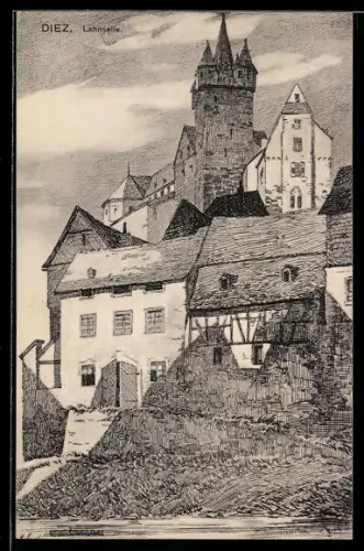 Künstler-AK Diez, Blick v. d. Lahnseite