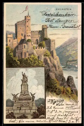 Lithographie Rheinstein, Burg Rheinstein, Niederwalddenkmal
